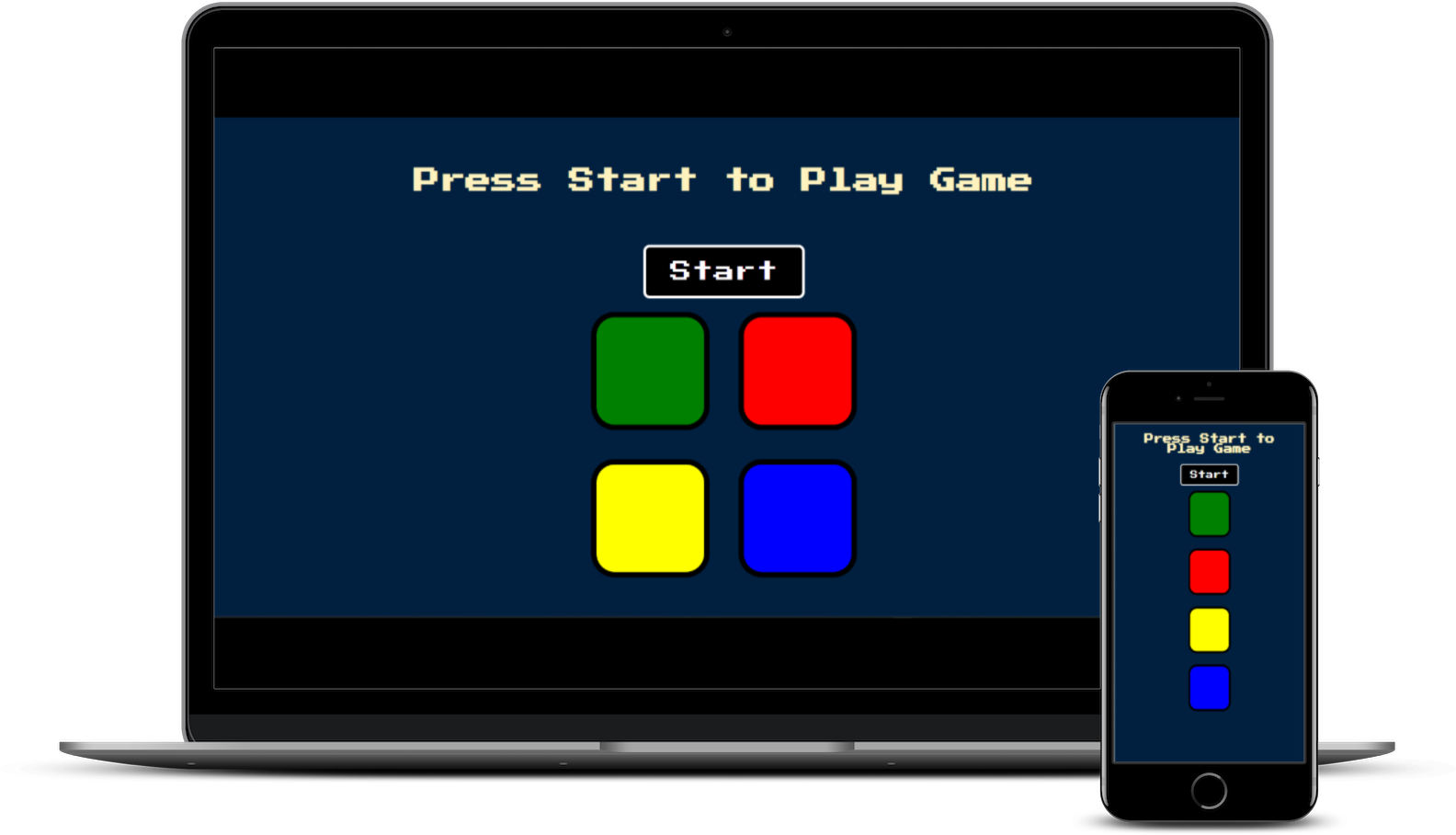 Responsive simon game shown on desktop and mobile versions.